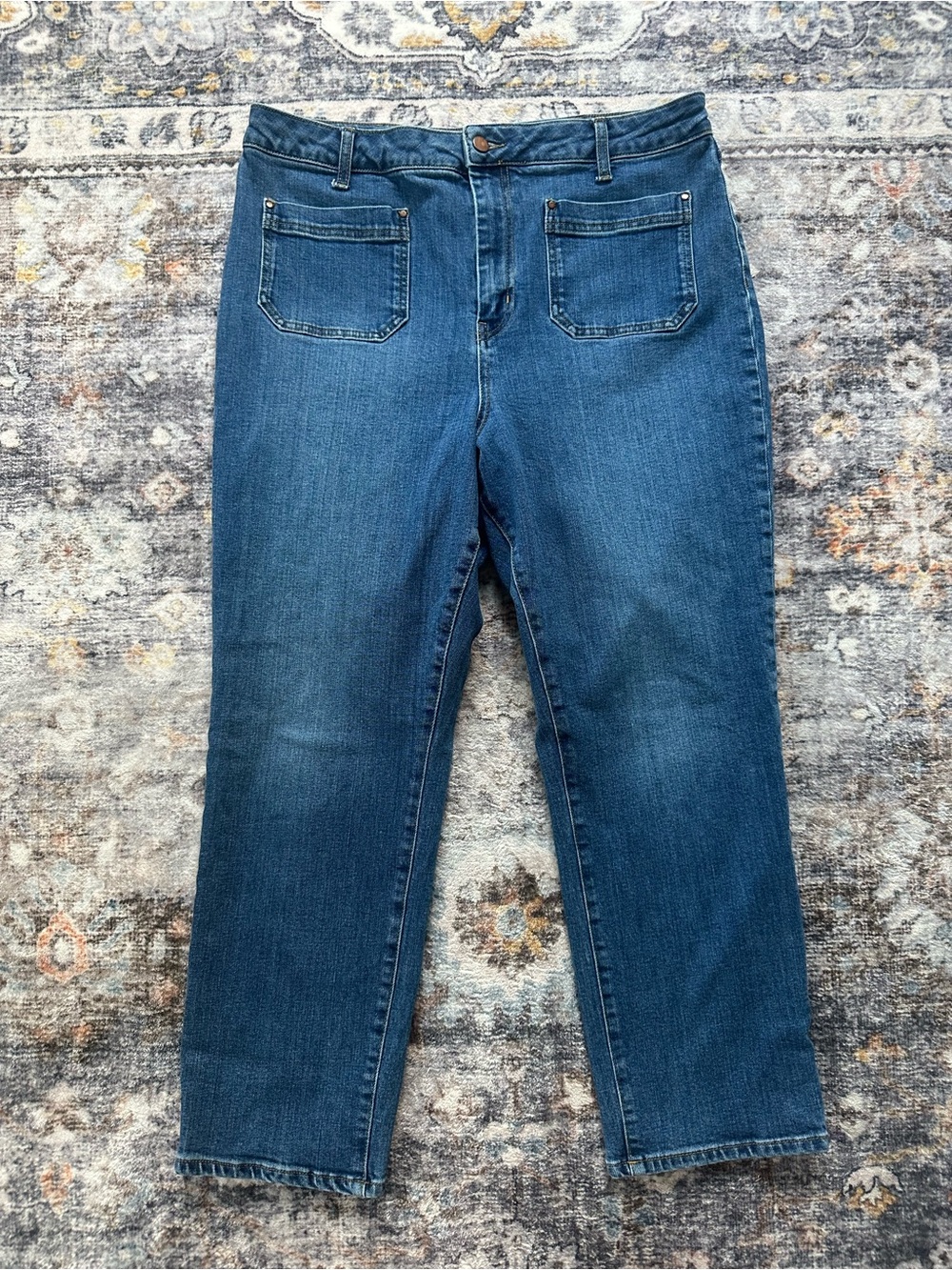 Boden Patch Pocket High Rise Straight Leg Medium Wash Cropped Jeans - Size 14